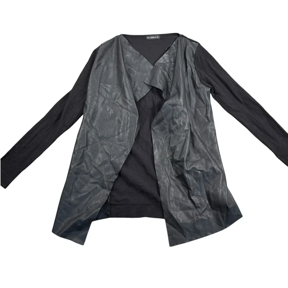 Zara Knit Black Vegan Leather Open Front Waterfall Cardigan‎ Sweater Jacket S